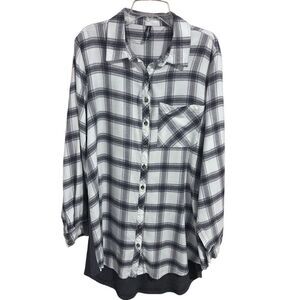 Massini Women’s Gray White Button Down Flannel Waffle Knit Back Size 1X